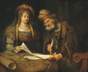 Ester e Mordecai Escrevendo a primeira carta de Purim, c.1675 (óleo sobre tela)