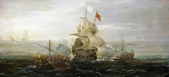 Ataque a um navio mercante francês por piratas da Barbária (ou corsários otomanos), Mar Mediterrâneo. Óleo sobre madeira de Aert Anthonisz (cerca de 1579-1620).