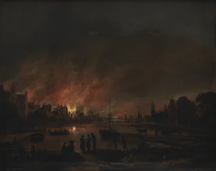 Incêndio em uma vila à noite