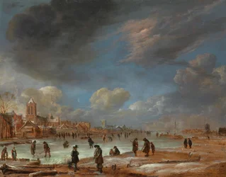 Paisagem de Inverno perto de uma cidade com Kolf Players