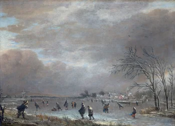 Paisagem de inverno com patinadores em um rio congelado (óleo no painel)