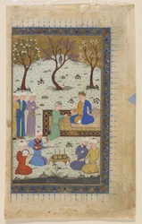 Um príncipe entronizado cercado por atendentes, 1425-30