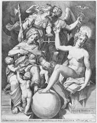 Alegoria do Salmo de David, Misericórdia sentada à esquerda alimentando quatro crianças com..., 1579.