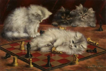 Gatos com um tabuleiro de xadrez (óleo sobre tela)
