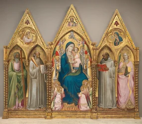 Nossa Senhora e o Menino com os Santos André, Bento, Bernardo e Catarina de Alexandria com os Anjos [tríptico completo], pouco antes de 1387 (têmpera sobre painel de choupo)