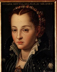 Retrato de Lucrezia de Medici (ou Lucrezia di Cosimo de Medici ou Lucrezia de Medici) (1545-1561). Pintura de Allori Angelo di Cosimo, dito Bronzino (1503-1572) - século XVI, dimensões 15 x 12 cm, Palácio Medici-Riccardi, Florença