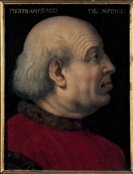 Retrato de Pierfrancesco di Lorenzo de Medicis the Elder (1430-1476) (Retrato de Pierfrancesco de Medici, banqueiro e diplomata italiano, membro da Casa dos Médicis de Florença) Pintura de Bronzino (Agnolo di Cosimo) (1503-1572) Dim 15x12 cm