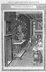 Fonte com pássaros falsos a cantar. Este é um projeto de Agostino Ramelli, segundo a "Máquina Diversa e Artificiosa". Milão 1600.