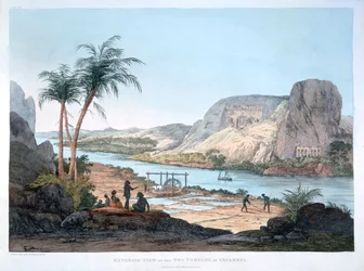 Vista exterior dos dois templos em Ybsambul, Egito, 1820