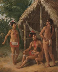 Uma família Carib das Ilhas Leeward fora de uma cabana