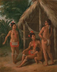 Uma família caribenha das Ilhas de Sotavento fora de uma cabana, ca. 1780.