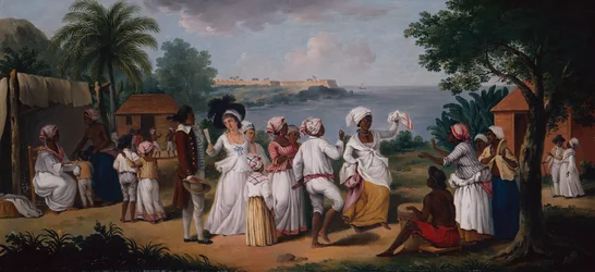 Dança de pessoas negras na ilha da Dominica, com Fort Young ao fundo