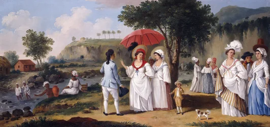 Mulheres mulatas nas margens do rio Roseau, Dominica