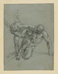 Cupido dominando Pan (frente); cabeça de monge; caricatura de um homem de perfil (verso)
