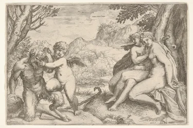 O amor conquista todo Omnia vincit Amor, em uma luta com um sátiro, Amor coloca seu caminho certo ..., 1599.