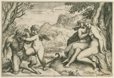 Omnia vincit Amor (O Amor vence Pã, à direita duas ninfas sob uma árvore, numa paisagem)