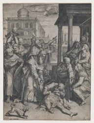 São Paulo levantando Pátroclo que está no chão, cercado por um grupo de curiosos, ..., 1583.