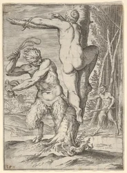 Um sátiro chicoteando uma ninfa, vista de costas e amarrada a uma árvore, um segundo sátiro..., c. 1590-95
