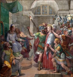 Paixão: "Cristo diante de Pôncio Pilatos (Pôncio Pilatos)". Fresco por Agostino Ciampelli (1577-1642) 1594-1600 Roma, Basílica de Santa Prassede