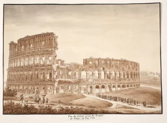 Vista do Coliseu do Templo de Vênus, 1833 (gravura com lavagem marrom)