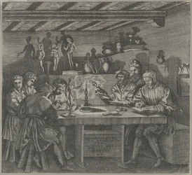 Baccio Bandinelli em seu estúdio segurando uma estatueta de Vênus, estudantes desenhando de um mo..., 1531.