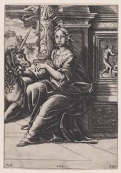 Castidade, uma mulher sentada, um unicórnio à sua direita, c. 1515-30.