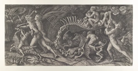 Lo Stregozzo: uma feiticeira montada em um esqueleto de animal, precedida por dois homens e ..., ca. 1515-25.