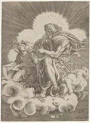São Mateus, sentado em uma nuvem e mergulhando uma pena em um tinteiro realizado por um anjo ..., ca. 1518-20.