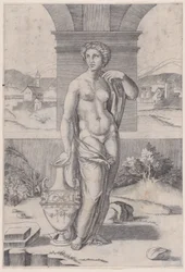 Mulher em pé perto de um vaso, ca. 1514-36.