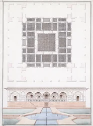 Elevação da fachada sul e do Palácio do Jardim de Suraj Bhawan em Dig, c.1830 (lápis, caneta e tinta cinza e aquarela)