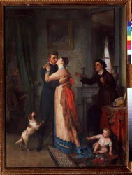 Retorno da guerra (Retorno após a guerra). Um soldado abraça ternamente sua esposa, em torno deles sua mãe e o cachorro da casa correm emocionalmente em sua direção. No chão, uma criança faz um gesto de recuo. Ao fundo, um homem com seu b