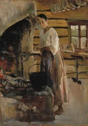 Mulher a cozinhar peixe branco; Mulher a grelhar peixe