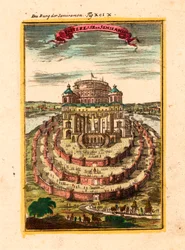 La forteresse et les jardins suspendus de la reine legendaire Semiramis a Babylone - Fortress of Semiramis - Gravura em cobre e aguarela de Alain Manesson Mallet (1630-1706)