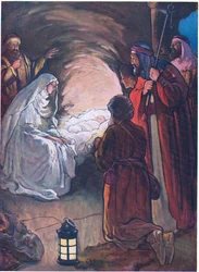 O Menino Jesus e os pastores, de The Bible Picture Book publicado por Thomas Nelson, c.1950 (litografia a cores)