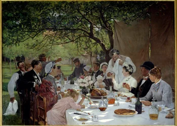 Banquete de casamento em Yport, pintura de Albert Fourie (1854-1937), 1886, sol, 3,89 x 2,53 m, Ruão, Museu de Belas-Artes