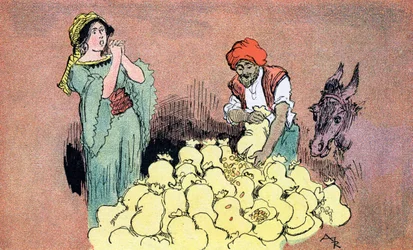 Ali Baba mostra os sacos de ouro à sua esposa Ilustração de Albert Robida para Ali Baba e os Quarenta Ladrões de 1945 Colecção Privada