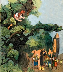 Ali baba ensaia um grupo de quarenta ladrões visitando a sua loja de tesouros Ilustração de Albert Robida para Ali Baba e a Colecção Privada Forty Thieves 1945