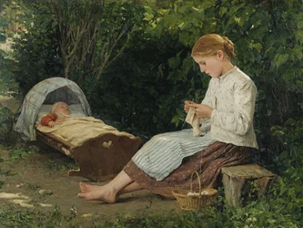 Menina tricotando observando a criança em um berço (jeune fille tricotant en surveillant un bebe endormi dans son berceau) par Anker, Albert (1831-1910). Óleo sobre tela, tamanho : 54x70