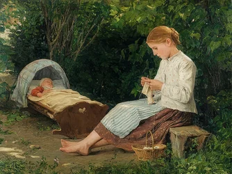 Menina a tricotar, vigiando uma criança pequena no berço, 1885