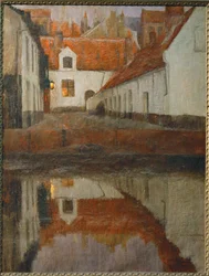 Uma pequena cidade na margem do rio, Flandres (pintura sobre tela)