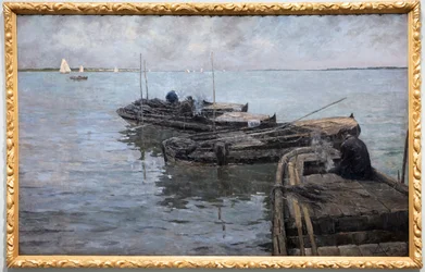 No Baixo Escalda, últimos raios, pescadores amarrados