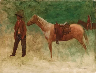 Cowboy em pé com cavalo