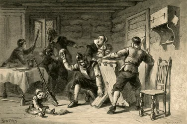 Puritanos barricando sua casa contra índios, 1877.