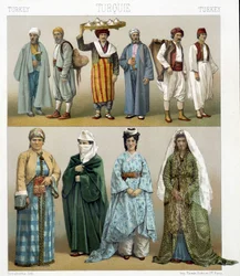 Fatos turcos do século XIX. Ilustração em "Le costume historique" de Racinet
