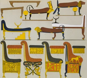 Móveis egípcios antigos, litografia de Spiegel, de Le Costume Historique ( História dos trajes), Vol II, de Auguste Racinet