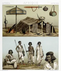 Acampamento e roupas tradicionais de Núbia. Ilustração em "Le costume historique" de Racinet
