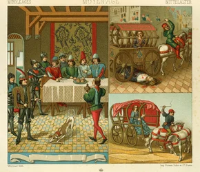 Vida do Castelo e Meios de Transporte no 14º, Ilustração de The Complete Costume History de Racinet Auguste