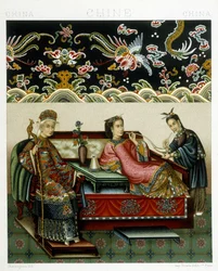 Roupa do Impressor Chinês. Placa cromolitográfica - em "Le costume historique" de Racinet