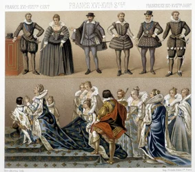 Fantasias da Rainha Marguerite da França (em baixo), e Henrique IV (em cima) nos séculos XVII e XVIII. Ilustração em "Le costume historique" de Racinet