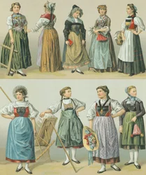 Fantasias dos Cantões, ilustração de The Complete Costume History de Racinet Auguste